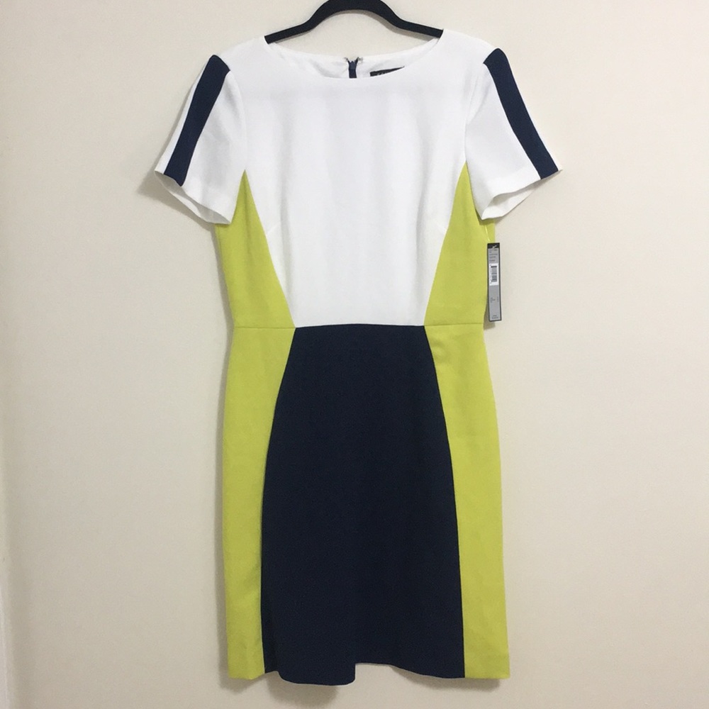 Tahari white navy and kiwi color block dress
